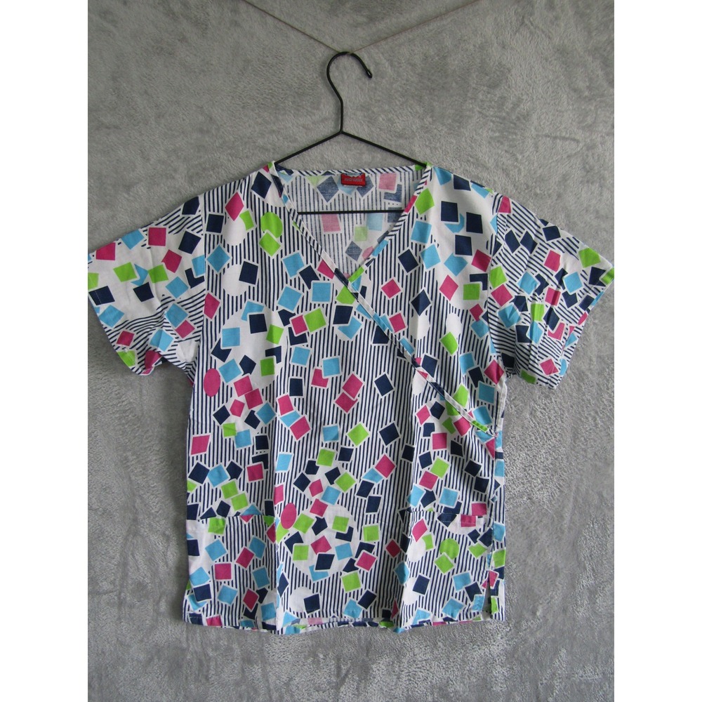 Sherly Uniforms Scrub Top Womens Medium Retro Geometric Squares‎ Stripes V-Neck